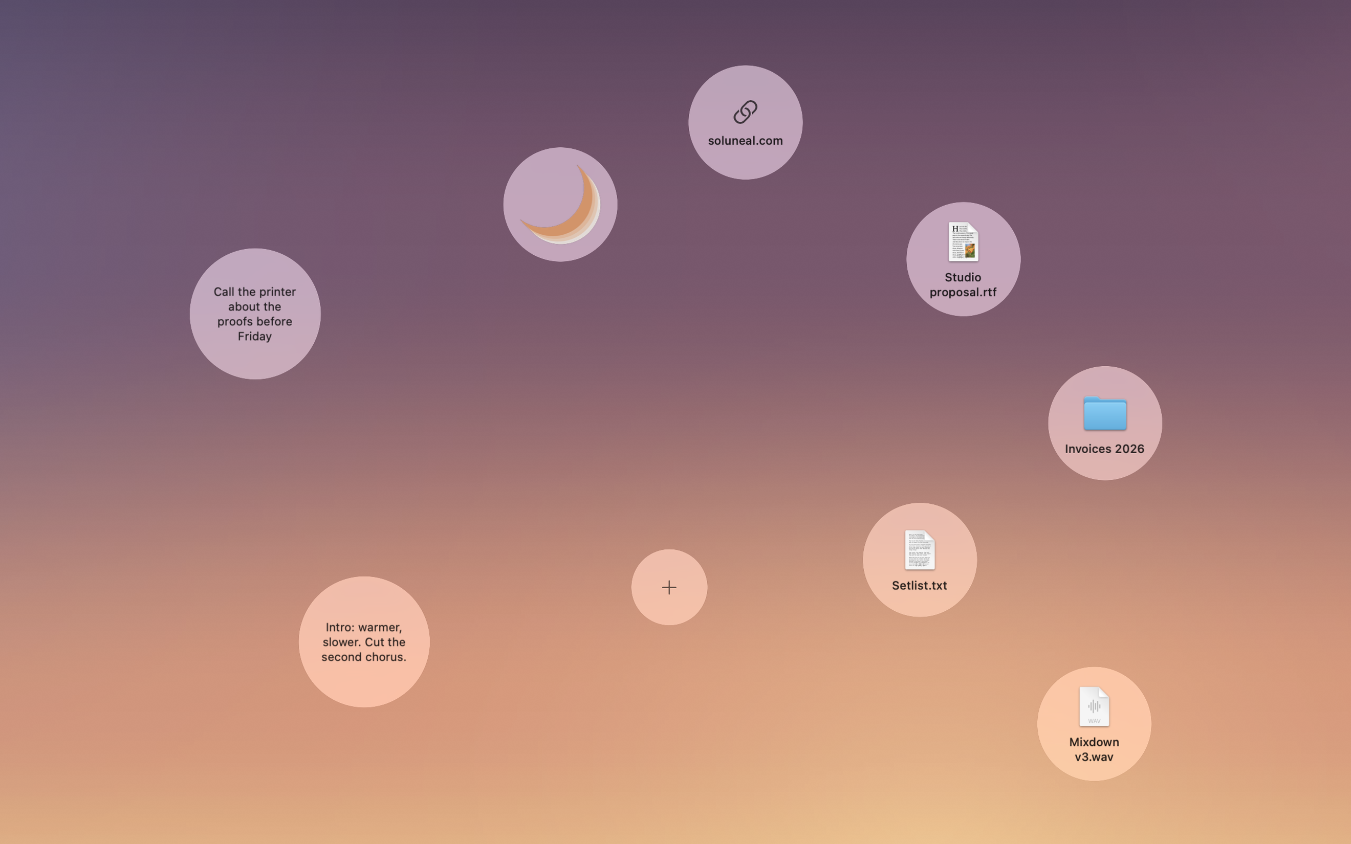 Bubbles on a Mac desktop: two notes on the left, an image and a link at the top, a proposal, a folder, a setlist and a mixdown on the right, and the + bubble in the middle